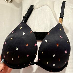 Victoria Secret Pink Black Bra with Multicolor Lettering